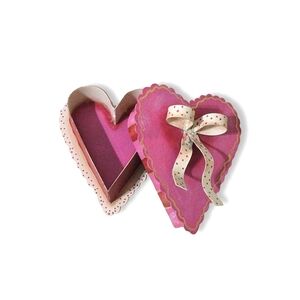 Pink & Cream Metal Heart Shaped Box Folk Art Boho Aesthetic Decor